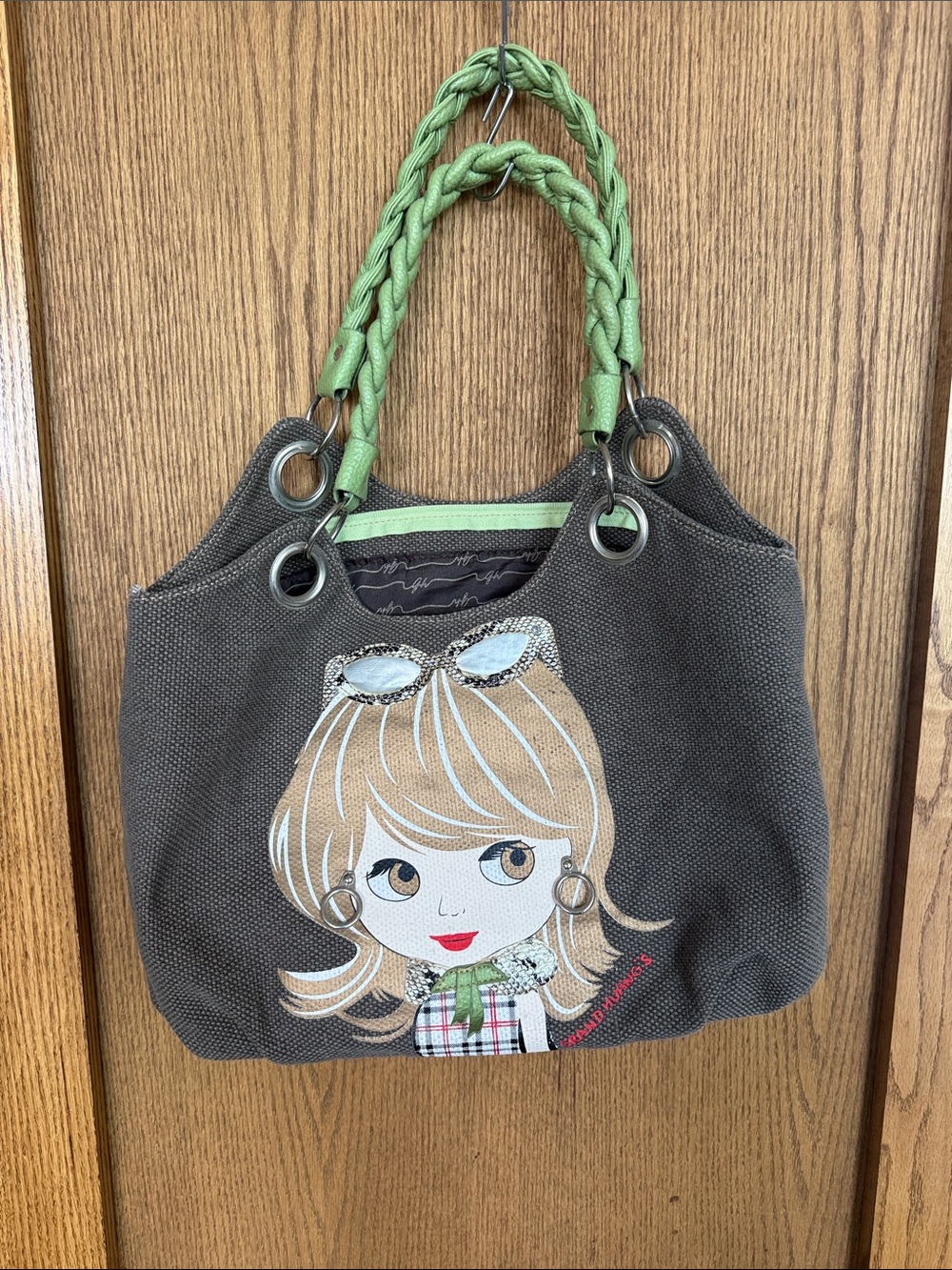 Canvas Tote Bag with Green Braided Handles and Girl Graphic